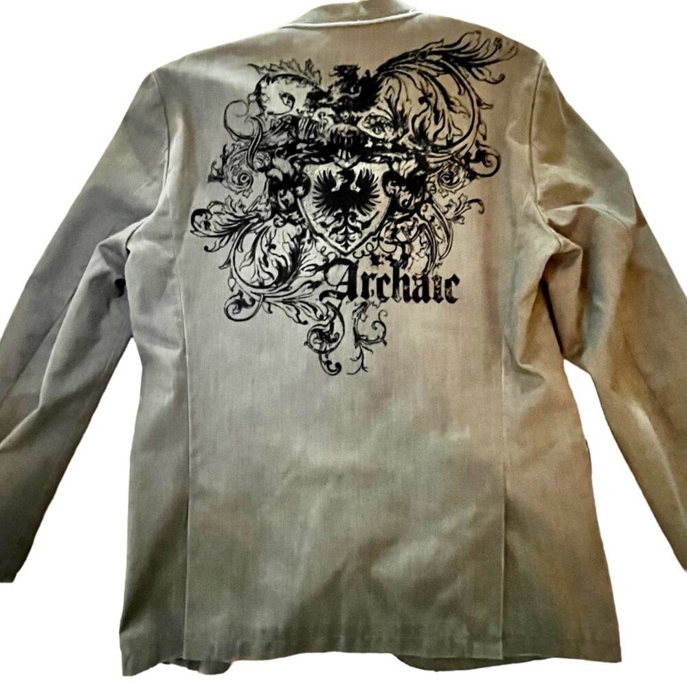ARCHAIC Men's Blazer Coat Grayish Green Black Graphic Dragon Bird Phoenix size M